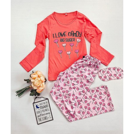 Pijama dama ieftina din bumbac cu pantaloni roz si bluza cu maneca lunga corai cu imprimeu Candy